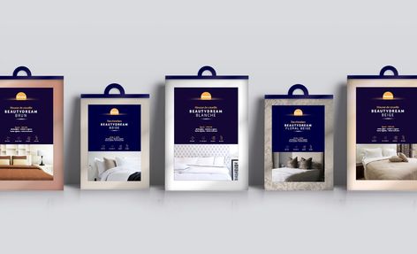 Bed Sheets Packaging, Bedding Packaging Design, Bedsheet Packaging Ideas, Pillow Packaging Design, Bedsheet Packaging, Pillow Packaging, Bedding Design, Fancy Packaging, Moon Pillow