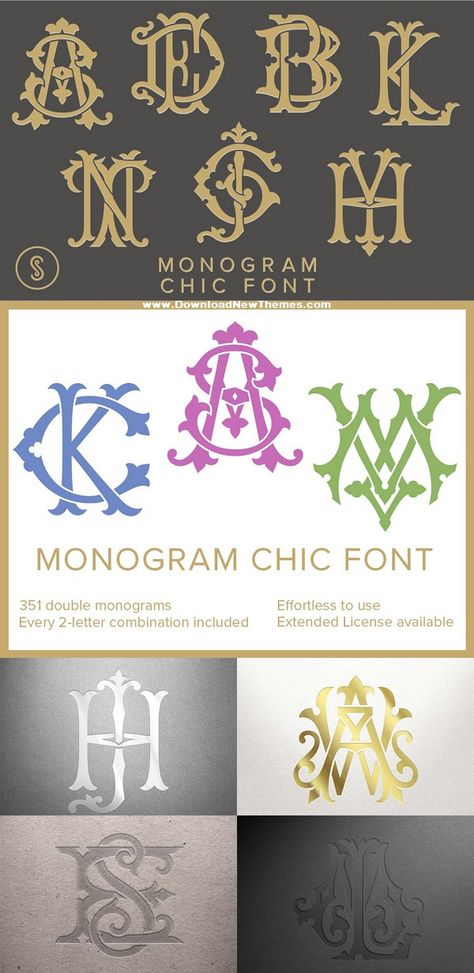 Monogram Chic font is a collection of interlocking 2-letter monograms created by simply keying in the 2 letters desired. Typing AB or BA gives you the beautiful AB interlocking monogram.  This amazing compilation contains 351 2-letter #monograms. Every 2-letter combination is represented, including combinations of the same letter (AA, BB, CC...) #monogramfont #fonts #typeface #typography #calligraphy #graphics #design Three Letter Monogram Initials, Calligraphy Monogram Initials, 3 Letter Monogram Styles, Monogram Initials Font Design, 2 Letter Monogram, Monogram Fonts Initials, Two Letter Monogram Initials, Monograms Ideas, Ms Monogram