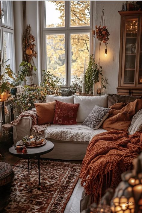 Cosy Earthy Living Room, Vintage Fall Living Room, Cosy Autumn Living Room, Witchy Cottagecore Living Room, Fall Wall Decor Living Room, Autumn Aesthetic Cozy Home, Hygge Fall Decor, Autumn Interior Design, Boho 2024