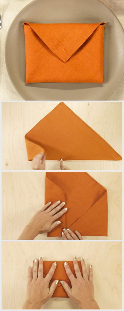 The envelope napkin fold is a simple and elegant addition to a table setting that allows you to add a note or menu. Napkin Envelope Fold, Easy Folding Napkins Simple, Envelope Napkin Fold, Easy Napkin Fold, Simple Napkin Folding Ideas, Aesthetic Origami, Turkey Napkin Fold, Dining Tablescapes, Napkin Origami