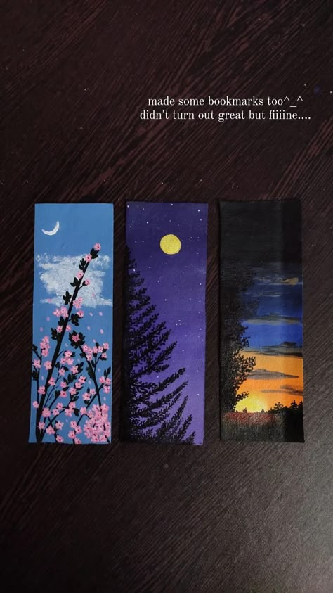 Bookmarks of cherry blossoms, pine night & sunset Book Mark Painting, Sky Bookmark, Polaroid Card, Drawing Sunset, Bookmarks Ideas, Bookmarks Quotes, Homemade Bookmarks, Something To Draw, School Art Activities