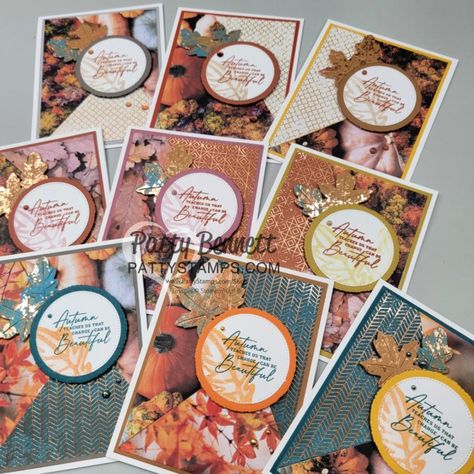 Stampin Up All About Autumn, Stampin Up All About Autumn Dsp, All About Autumn Stampin Up Cards, Fall Cards Handmade, Thanksgiving Cards Handmade, Copper Paper, Patty Bennett, Thanksgiving Hostess, Fall Greeting Cards