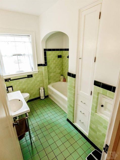 c. 1928 Yard With Pool, Vintage Tile Bathroom, 1930s Bathroom, Train Caboose, Art Deco Bathrooms, Laundry Chute, 3 Bedroom Cottage, Tudor Revival, Eclectic Bathroom