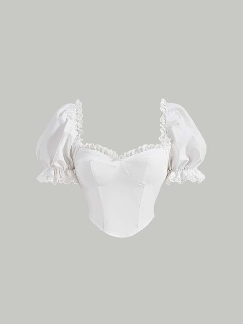 Free Returns ✓ Free Shipping On Orders $49+ ✓. SHEIN MOD Lace Frill Trim Puff Sleeve Bustier Crop Blouse- Women Blouses at SHEIN. White Clothes Aesthetic, Fancy White Tops, White Puff Sleeve Top, Fashion Collection Inspiration, Cute White Tops, White Lace Crop Top, White Clothing, Clothes Korean Style, Shein Outfits