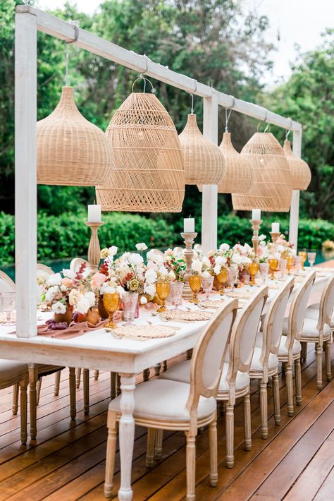 white chairs line the reception table with tall candlesticks and peachy florals Wicker Lanterns, Boho Wedding Table Decor, Boho Wedding Table, Jungle Wedding, Riviera Maya Weddings, Best Bride, Flowers Ideas, Geometric Wedding, Table Flowers