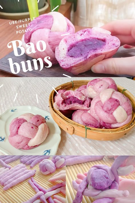 Sweet steamed bao buns are the perfect chinese breakfast or snack idea. Ube dessers/ purple sweet potato desserts are the best and I hope this gives you an idea for a cute dessert to make with them. Gorgeous design and such a colourful food to look at and enjoy! Traditional chinese food but with a unique twist! Chinese Bao Buns, Steamed Sweet Buns, Dessert Bao Bun, Traditional Chinese Sweets, Putopao Recipe, Cute Asian Desserts, Ube Desserts Recipes Easy, Purple Sweet Potato Dessert, Chinese Sweet Bread