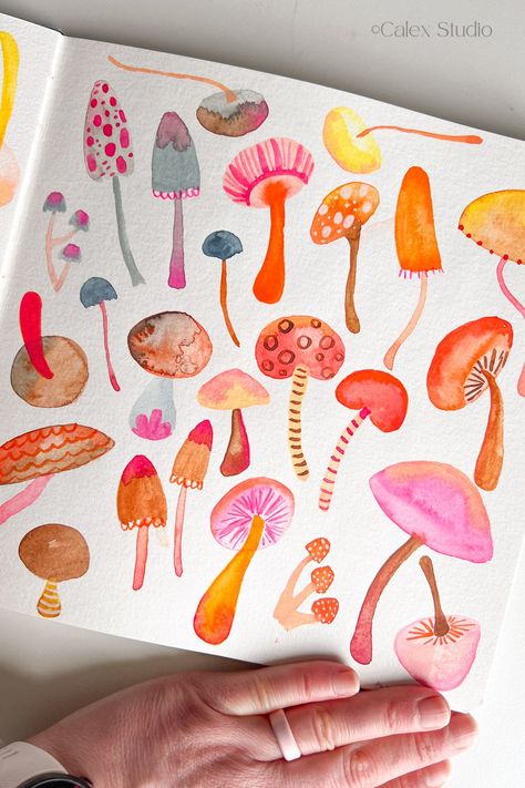 Bright Mushroom Art, Mushroom Print Art, Mushrooms To Paint, Cute Mushroom Watercolor, Easy Mushroom Watercolor, Mushroom Drawing Watercolor, Colorful Mushroom Painting, Watercolor Mushrooms Painting, Pastel Mushroom Art