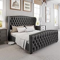 Headboard Velvet, Headboard Grey, King Platform Bed Frame, Queen Platform Bed Frame, Velvet Upholstered Bed, Bedroom Upgrade, King Platform Bed, King Duvet Cover Sets, Wingback Headboard