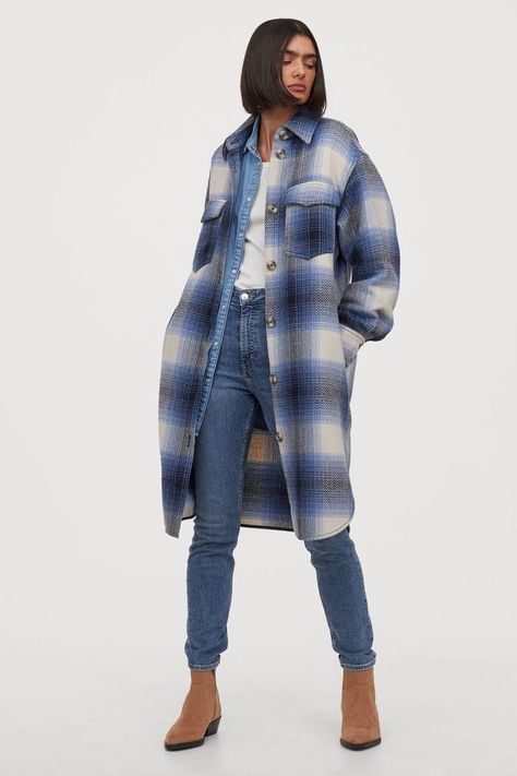 H&M Long Shacket Shacket Outfit Women, Long Shacket, Dark Blue Plaid, Shacket Outfit, Plaid Shacket, Long Coat Jacket, Long Shirt, Who What Wear, Blue Plaid