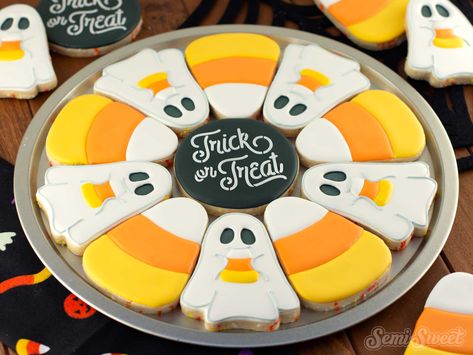 Halloween Cookie Platter, Halloween Candy Corn Cookies, Candy Corn Cookie, Semi Sweet Designs, Halloween Platter, Witch Cookie, Candy Corn Cookies, Cookie Decorating Supplies, Cookie Platter