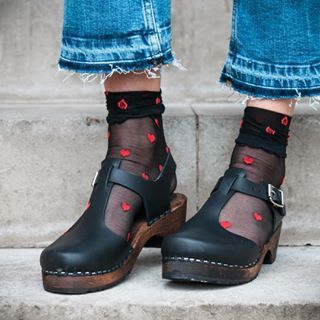 We’ve sourced a great range of socks to match our clogs! .  📷 @teosnaps .  👩🏻 @loucbarton .  👡 low wood Tbar black on brown sole .  ❤️ romantic sheer socks .  #lovemylottas #shoesaddict #clogs #lottafromstockholm #shoestagram #styleblogger #style Lotta Clogs, Lotta From Stockholm Clogs, Clogs Outfits, Lotta From Stockholm, Clogs Outfit, High Heel Clogs, Womens Low Heels, Swedish Clogs, Black Clogs