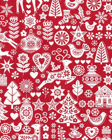 Andover Fabrics Scandi 2023 - Scandinavian Christmas - Cardinal Red Red And White Scandinavian Christmas, Scandinavian Christmas Wallpaper, Scandinavian Christmas Design, Scandinavian Christmas Pattern, Xmas Cards Design, Folk Christmas, Scandinavian Holidays, 2025 Christmas, Scandinavian Fabric