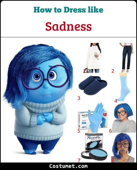 Saddnessfrom Inside Out Costume, Inside Out Family Costume Halloween, Blue Hair Cosplay Characters, Halloween Costume Blue Hair, Blue Haired Characters Halloween, Halloween Costumes With Blue Dress, Costumes With Blue Hair, Blue Wig Costume Ideas, Diy Inside Out Costume