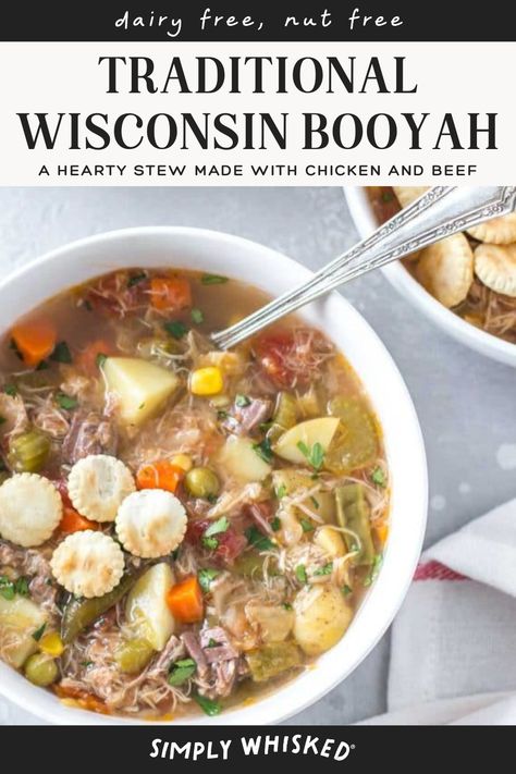 It might have a funny name, but this traditional Wisconsin booyah recipe is a scaled down version of the original, made with chicken and beef. It's hearty, filling and perfect for a small crowd. Serve it with oyster crackers for an authentic experience. Makes about 8 quarts. Chicken Booyah Recipe Wisconsin, Chicken Booyah Recipe, Wisconsin Recipes, Booyah Recipe, Sumac Onions, Wisconsin Food, Chicken Crescent Rolls, Chicken Crescent, Hearty Soup Recipes