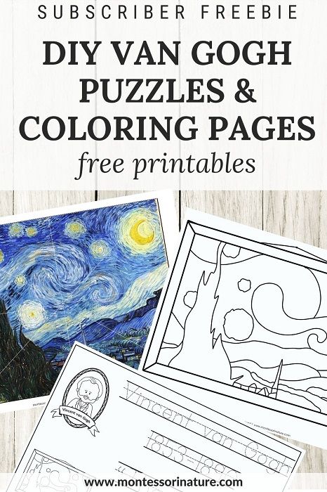 DIY Winter Puzzles and Art Activities – Painting “The Starry Night” by Vincent van Gogh – Free Printable - Montessori Nature Van Gogh Starry Night Preschool, Van Gogh Activities For Preschool, Van Gogh Coloring Pages Free Printable, Vincent Van Gogh Preschool Art, Starry Night Preschool Art, Van Gogh Activities For Kids, Van Gogh Art Projects For Kids, Starry Night Activities, Starry Night Craft