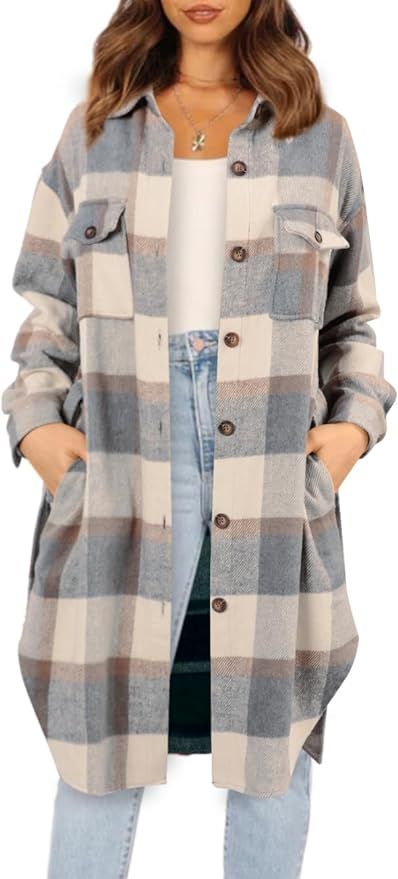 Plaid Shacket Jacket Women Button Down Long Sleeve Shirts Oversized Woolen Blend Winter Coats Boyfriend Outwear Long Flannel Shirt, Woolen Shirt, Oversized Winter Coat, Long Flannel, Oversized Plaid Shirts, Shirts Oversized, Jackets Casual, Oversized Button Down Shirt, Plaid Shacket