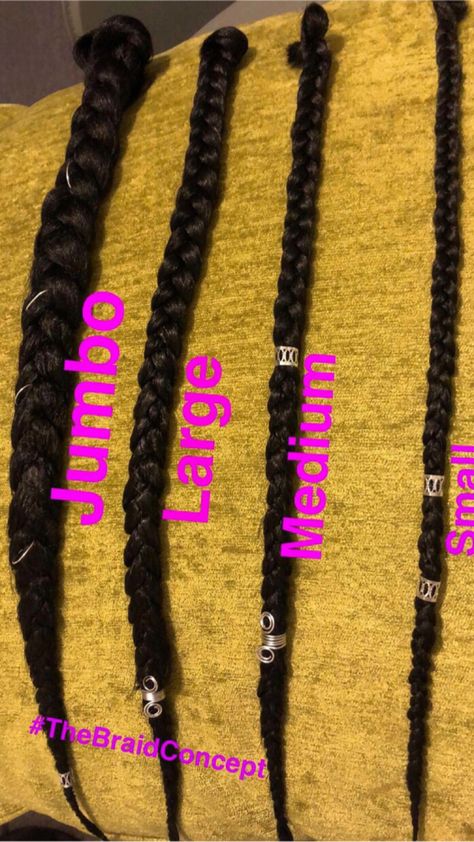 Braid chart  Braids  Jumbo braids  Box braids Braids sizes Jumbo Box Braids Waist Length, Different Box Braid Sizes, Braid Sizes Chart, Different Braid Sizes, Different Kinds Of Box Braids, Different Size Box Braids, 12 Jumbo Box Braids, Sizes Of Box Braids, Bigger Box Braids