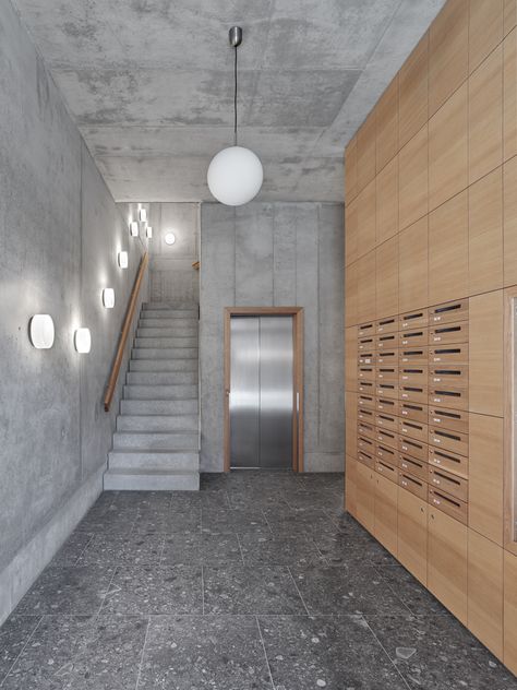 Apartment Entrance Lobby, Apartment Building Hallway, Residence Lobby, Entrance Lobby Design, Max Dudler, Residential Lobby, Lobby Lighting, Apartment Lobby, Apartment Entrance