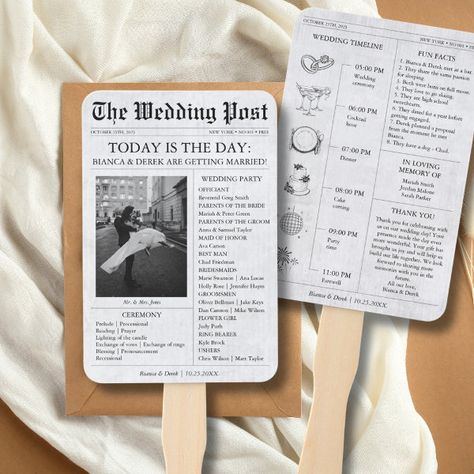 Newspaper Photo Wedding Program Timeline Hand Fan Wedding Day Brochure, Wedding Day Fans, Boho Wedding Activities, Personalized Fans For Wedding, Our Story Wedding Ideas, Diy Wedding Fans For Guests, Wedding Fan Ideas, Wedding Fans For Guests Diy, Fans At Wedding