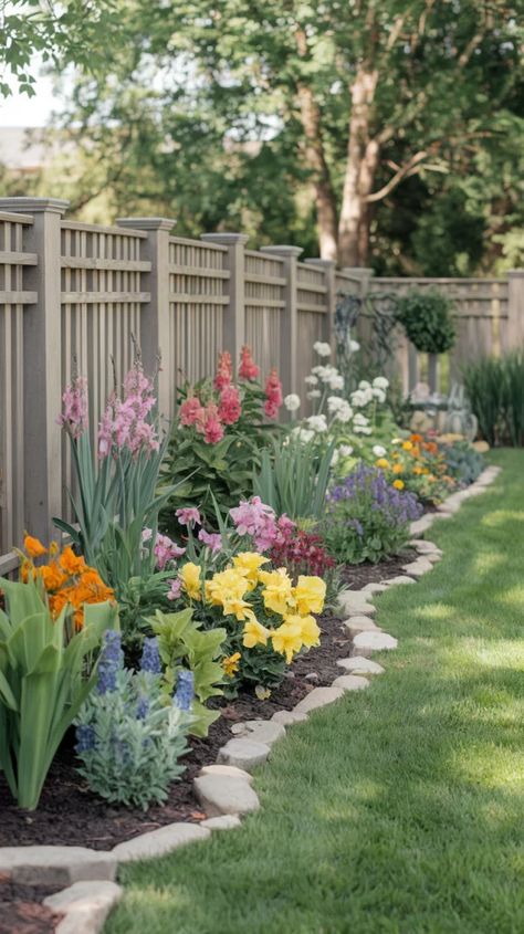 Garden Around Fence Line, Backyard Fence Border Ideas, Fenced Backyard Garden, Along The Fence Landscaping Backyards, Flowers Along Fence Backyards, Fence Before And After, Fence Gate Entrance Landscaping Ideas, Two Fences One Yard, Backyard Along Fence Landscaping