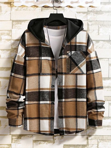 Manfinity Homme Men Plaid Print Hooded Shacket Without Tee | SHEIN USA Plaid Overcoat, Drop Shoulder Coat, Man's Overcoat, Boys Plaid, Mens Flannel Shirt, Winter Outfits Men, Long Sleeve Flannel, Mens Plaid, Loose Shirts