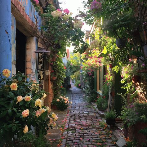 "Enchanted #GardenAlley: A serene walkway flanked by blooming #Roses and lush green #Plants in a quaint #Village. #Garden #Alley #Roses #Cobblestone #Lush #AiArt #AiPhoto #Stockcake ⬇️ Download and 📝 Prompt 👉 https://stockcake.com/i/enchanted-garden-alley_884117_1093204". Garden Alley, Village Garden, Green Scenery, Ancient Village, Stone Pathway, Green Ivy, Ocean Design, Traditional Houses, Quaint Village