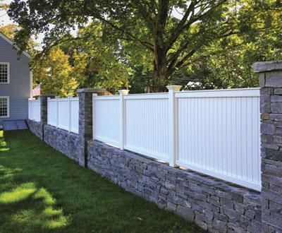 25+ best ideas about Stone fence on Pinterest | Rock wall, Brick ... Stone Wall Privacy Fence, Stone Privacy Fence, Stone Wall Outdoor Fence, Fence On Stone Wall, Walpole Outdoors, Vinyl Fences, Stone Fence, Front Fence, Front Yard Fence