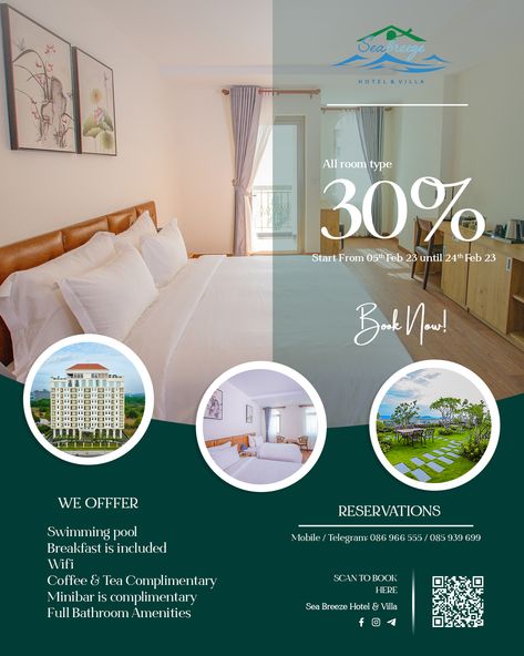 Discount 30% Food Discount, Poster Food, Discount Poster, Full Bathroom, Hotel Discount, Sea Breeze, Room Type, Types Of Food, Media Post