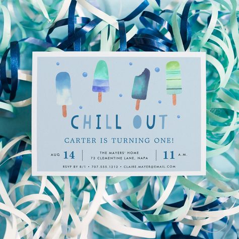 Adorable party invitation's for your little boy's summer birthday party feature watercolor popsicle illustrations in vibrant shades of blue and green, with "chill out" beneath in whimsical cutout lettering. Personalize with your birthday party details beneath on a sky blue background. Cards reverse to solid lagoon blue. Its Cool To Be One Birthday, Popsicle Birthday Party, Dessert Theme, Summer Birthday Invitations, Pop Ice, Ice Cream Theme, 2nd Birthday Party Themes, Summer Birthday Party, Kids Birthday Themes