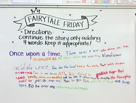 Miss Tyler on Instagram: “fairytale Friday whiteboard message #latergram. Idea borrowed from @pinterest ... i have to admit, I didn’t read it until the end... and…” Friday Whiteboard, Whiteboard Prompts, Whiteboard Questions, Classroom Whiteboard, Whiteboard Messages, Daily Questions, Morning Board, Responsive Classroom, Daily Writing Prompts