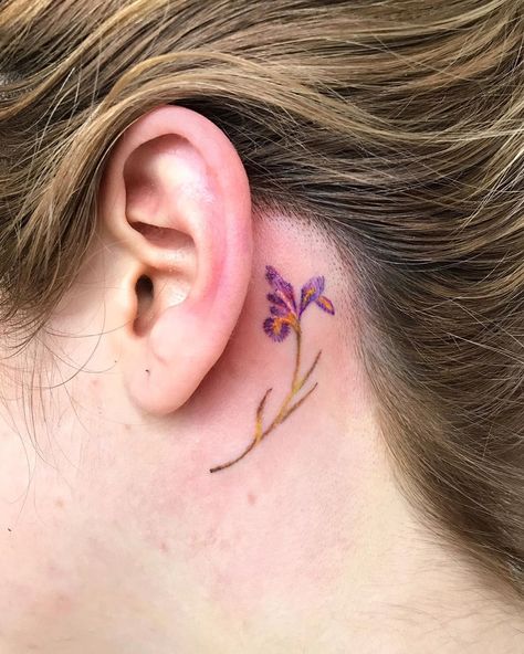 Purple Iris 🌷 #tattoo #neotraditional #love #smalltattoo #neotraditionaltattoo #tattoos #blackartsupport #blacktattoo #blackink… Iris Tattoo Behind Ear, Violet Flower Tattoo Behind Ear, Purple Iris Tattoo, Iris Tattoo Design, Flower Tattoo Ear, Violet Flower Tattoos, Iris Flower Tattoo, Violet Tattoo, Iris Eye