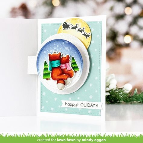 Lawn Fawn Video {11.26.24} Mindy's Holiday Swivel Surprise Card - Lawn Fawn Lawn Fawn Christmas Dreams, Lawn Fawn Swivel Surprise Card Ideas, Lawn Fawn Swivel Surprise, Lawn Fawn Christmas Cards, Interactive Christmas Cards, Lawn Fawn Christmas, Spinner Cards, Winter Skies, Fun Holiday Crafts