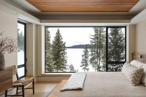 Lakefront Cliff House Design with Rocks Integrated into Interior Design and Spectacular Windows Contemporary Window Design, Modern Cliff House, Contemporary Window, Modern Lake House, Cliff House, Modern Window, Curved Staircase, Cabinetry Design, Waterfront Homes