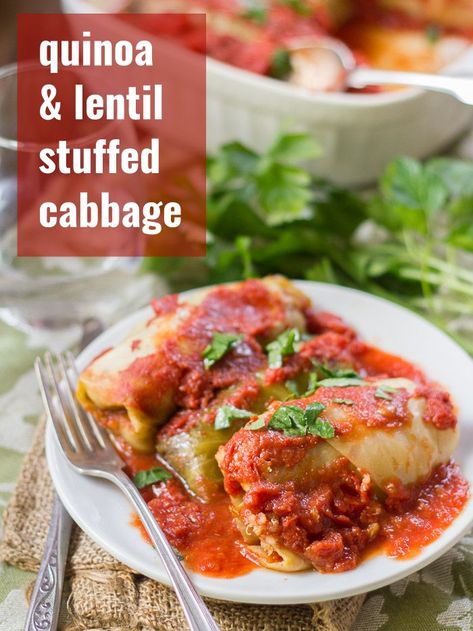 These stuffed cozy cabbage rolls are made with tender leaves of steamed cabbage wrapped around a savory, smoky mixture of quinoa and lentils, baked up in tomato sauce until piping hot. This healthy comfort food meal is vegan, vegetarian, optionally gluten-free, and always a hit! #veganrecipes #vegetarianrecipes #cabbagerolls #quinoa #stuffedcabbage #lentils #meatlessmonday #plantbased Vegetarian Cabbage Rolls, Vegan Cabbage Rolls, Quinoa Lentil, Vegan Cabbage, Cabbage Wraps, Steamed Cabbage, Healthy Vegan Dinner, Cabbage Rolls Recipe, Stuffed Cabbage