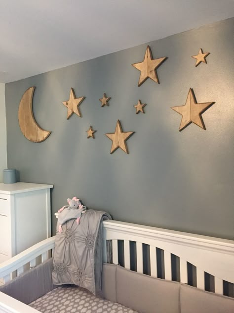 Moon and Stars made from pallets reclaimed wood for the nursery Painting Moon And Stars, Painting Stars, Star Themed Nursery, Painting Moon, Stars Nursery Decor, Baby Room Themes, Moon Nursery, Space Themed Nursery