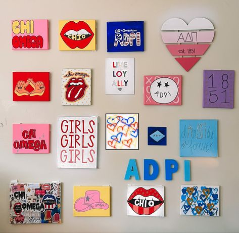 chi omega and alpha delta pi wall art for college dorm❤️💛+💙🤍 Omega And Alpha, College Dorm Decor, Alpha Delta Pi, College Dorm Decorations, Alpha Chi Omega, Alpha Delta, Alpha Chi, Movie Room, Chi Omega