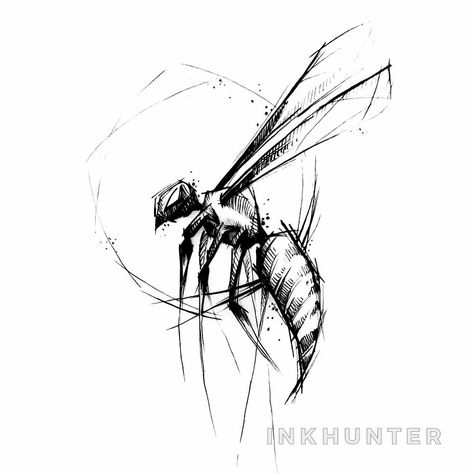 Sketch Art Tattoo Style, Animal Tattoo Designs Sketches, Sketch Style Tattoos Designs, Brush Tattoo Design, Insect Tattoo Design, Blackwork Tattoo Sketch, Blackwork Tattoo Design Drawings, Sketch Style Tattoo, Wasp Tattoo