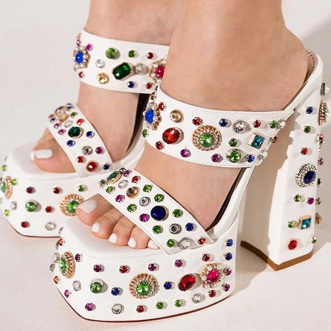 Classic Square Toe Platform Sandals Women'S Elegant Chunky Heels Multicolor Rhinestone Mules Elegant Chunky Heels, Pink Platform Heels, Fashion Words, Pointy Heels, Azalea Wang, Bridal Heels, Chunky Sandals, Cute Heels, Embellished Sandals