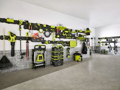 Garage Tool Storage Box, Ryobi Tool Organization, Ryobi Yard Tool Storage, Ryobi Wall Storage, Garage Workstation Ideas, Ryobi Link Storage, Ryobi Link Storage Ideas, Ryobi Garage Organization, Ryobi Organization