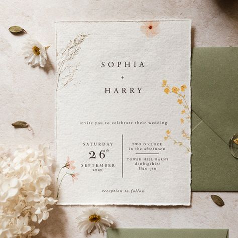 Pressed Flowers Wedding, Garden Invitation, Safe The Date, Wildflower Invitation, Pretty Wedding Invitations, Pretty Invitations, Floral Wedding Invitation Suite, Green Envelope, Boho Garden