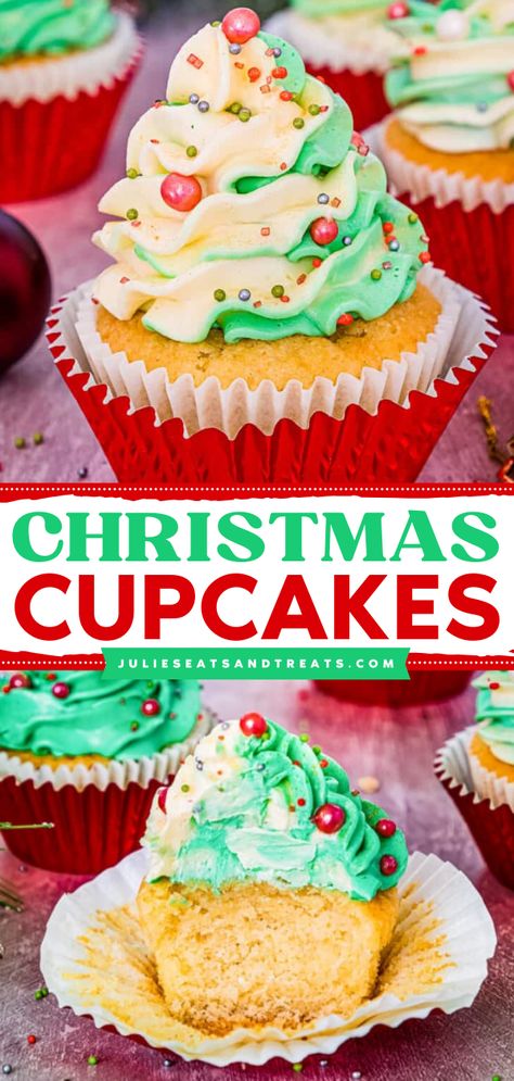 These Christmas Cupcakes are the best addition to your Christmas baking ideas! It starts with a homemade vanilla cupcake recipe topped with homemade buttercream frosting. It's one simple Christmas dessert recipe! Tree Cupcakes, Christmas Cupcakes Recipes, Easy Christmas Tree, Christmas Cupcakes Decoration, Christmas Tree Cupcakes, Swirl Cupcakes, Christmas Desserts Easy, Holiday Cupcakes, Christmas Foods