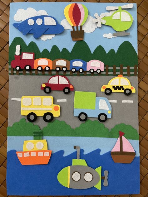 Car Art And Craft, Cars Arts And Crafts For Kids, Art Craft Transportation, Things That Go, Transports Crafts For Kids, Transportation Theme Door Decoration, Transportation Theme Board Preschool, Transportation Felt Board, Transport Activity For Kids