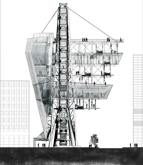 SUBURBIA TOWER - Aaron Berman Architecture Section Drawing, Elevation Drawing, Architecture Graphics, Architectural Section, Urban Fabric, Architectural Drawing, Diagram Architecture, Architecture Illustration, Aarhus