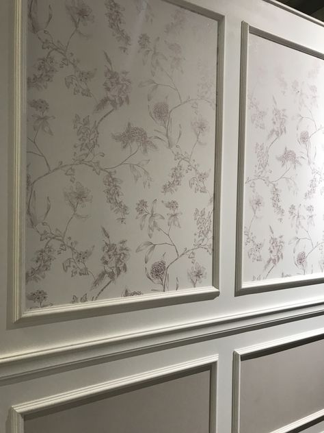 Framed Wallpaper Walls, Wallpaper Within Molding, Wallpaper Inside Frame Molding, Box Trim Moulding With Inset Wallpaper, Wallpaper In Trim Boxes, Wall Mouldings With Wallpaper, Wallpaper In Trim, Traditional Wall Trim Ideas, Moulding On Walls With Wallpaper