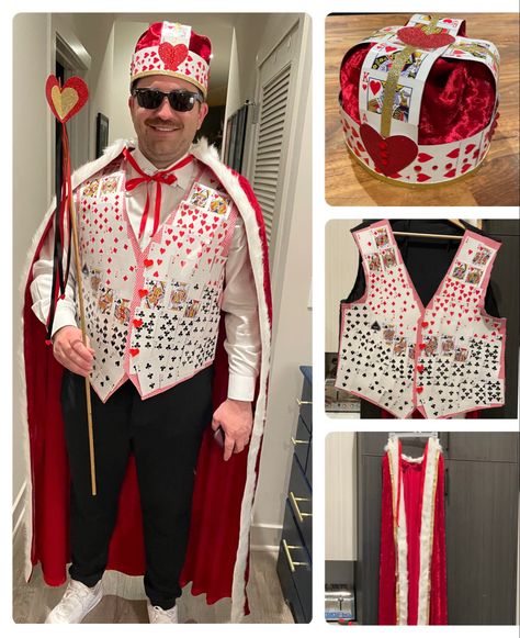 This King of Hearts costume included all handmade pieces: red velvet cape trimmed with white fur and gold ribbon, playing card vest with black fabric backer, and a crown with red velvet and glitter construction paper. King Of Hearts Diy Costume, Alice In Wonderland King Of Hearts Costume, King Of Hearts Costume Diy, King Of Hearts Alice In Wonderland, Queen And King Of Hearts Costume, King And Queen Of Hearts Costume, Queen Of Cards Costume, Deck Of Cards Costume, Playing Cards Costume