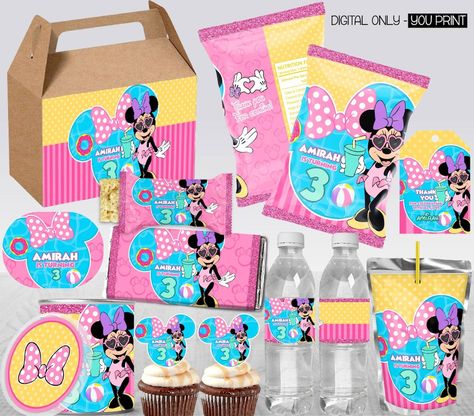 Custom Minnie Mouse Pool Party Bundle Birthday Pack - Etsy Minnie Mouse Pool Party, Activity Placemat, Splash Party, Minnie Birthday Party, Beach Themed Party, Minnie Mouse Birthday Party, Minnie Birthday, Party Bundles, Minnie Mouse Party