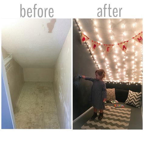 Closet Makeover + Underneath Staircase + Closet Playroom + Chalkboard Walls + Twinkle Lights Diy Closet Playroom, Closet Into Playroom, Stair Closet Playroom, Playroom In Closet, Under Stairs Closet Reading Nook, Under Staircase Room Ideas, Play Nook Under Stairs, Closet To Playroom, Under Staircase Playroom