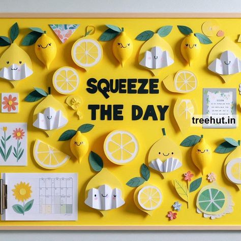 Lemon Bulletin Board Ideas and Lemon Door Décor | Lemon Back to School Décor Yellow Bulletin Board Ideas, Lemon Theme Classroom Decor, Citrus Classroom Theme, Lemon Bulletin Board Ideas, Lemon Bulletin Board, Sun Bulletin Boards, Attendance Board Ideas, Information Bulletin Boards, Kindergarten Classroom Door