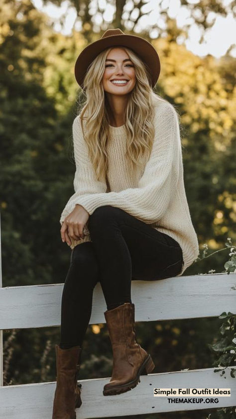 Simple Fall Outfit Ideas: Cozy & Chic Autumn Look Brown Hair Fashion Outfit, Womens Fall Outfits For Pictures, Black Outfit Brown Boots, Casual Thanksgiving Outfit, Farm Chic Outfit, Outfits For Fall Pictures, Fall Boots 2024, Rainy Fall Day Outfit, Cowgirl Boots Outfit Winter