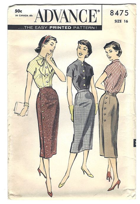 PWAP-0146 Vintage Advance Pattern 8475 S16 Pencil Skirt Sewing Pattern, Sewing Images, Fashion 40s, 1950s Fashion Women, 1940s Women, Advance Patterns, Pencil Skirt Pattern, 50s Women, 1950s Sewing Patterns